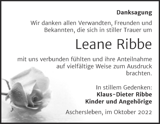 Traueranzeige von Leane Ribbe von Trauerkombi Aschersleben