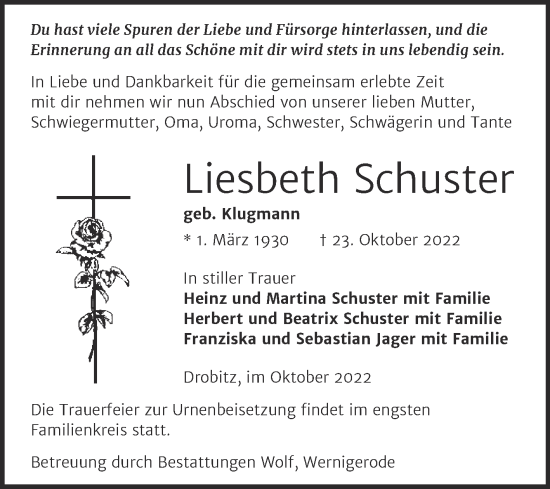 Traueranzeige von Liesbeth Schuster von Mitteldeutsche Zeitung Halle/Saalkreis