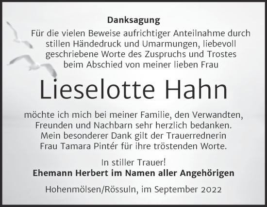 Traueranzeige von Lieselotte Hahn von Trauerkombi Weißenfels
