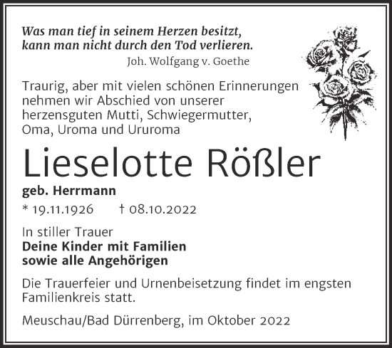 Traueranzeige von Lieselotte Rößler von Trauerkombi Merseburg