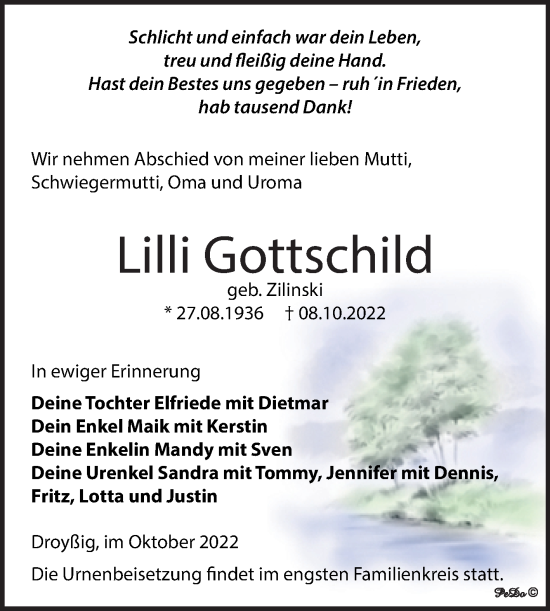 Traueranzeige von Lilli Gottschild von Trauerkombi Zeitz