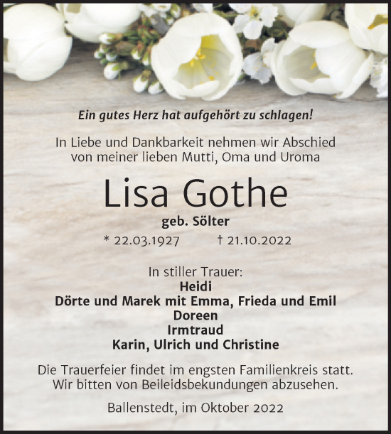 Traueranzeige von Lisa Gothe von Trauerkombi Quedlinburg