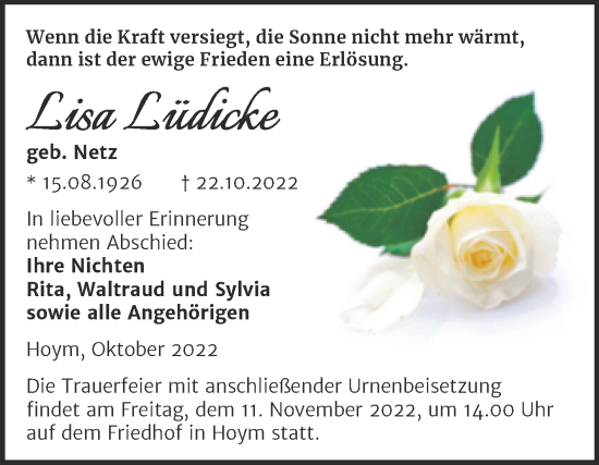 Traueranzeige von Lisa Lüdicke von Trauerkombi Aschersleben