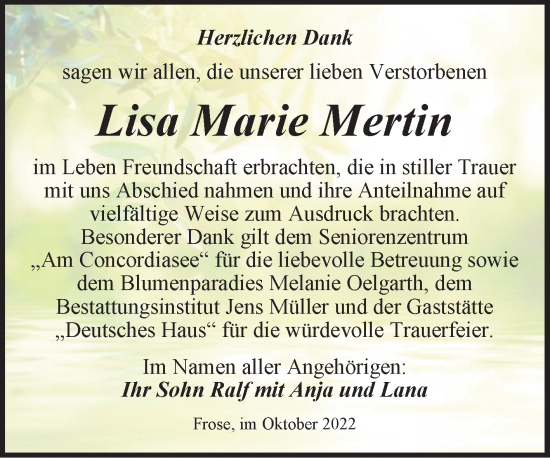 Traueranzeige von Lisa Marie Mertin von Trauerkombi Aschersleben