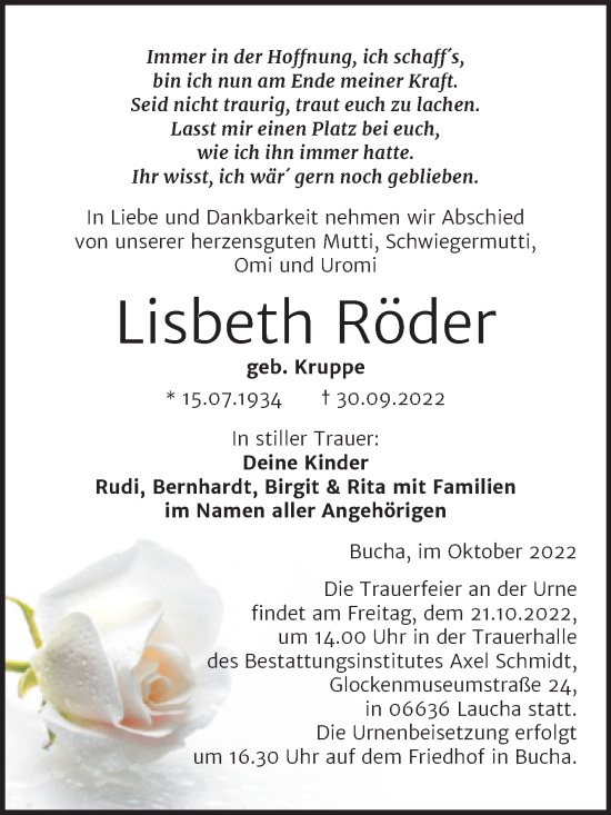 Traueranzeige von Lisbeth Röder von Wochenspiegel Naumburg/Nebra