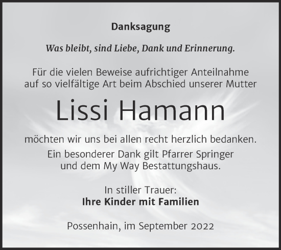 Traueranzeige von Lissi Hamann von Wochenspiegel Naumburg/Nebra