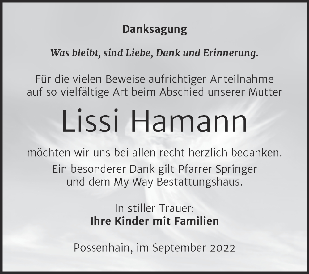  Traueranzeige für Lissi Hamann vom 05.10.2022 aus Wochenspiegel Naumburg/Nebra