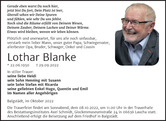 Traueranzeige von Lothar Blanke von Naumburger Tageblatt