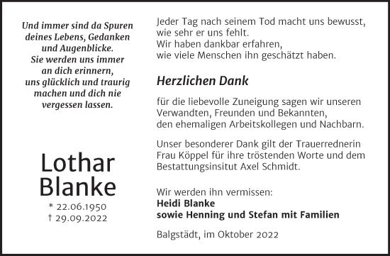 Traueranzeige von Lothar Blanke von Wochenspiegel Naumburg/Nebra