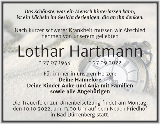 Traueranzeige von Lothar Hartmann von Trauerkombi Merseburg
