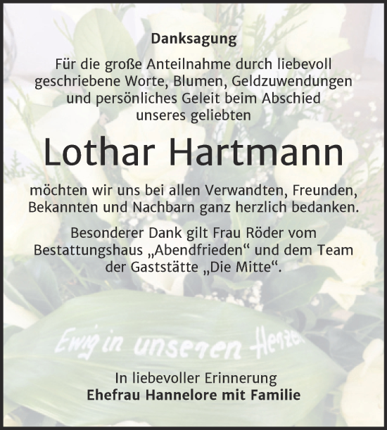 Traueranzeige von Lothar Hartmann von Trauerkombi Merseburg