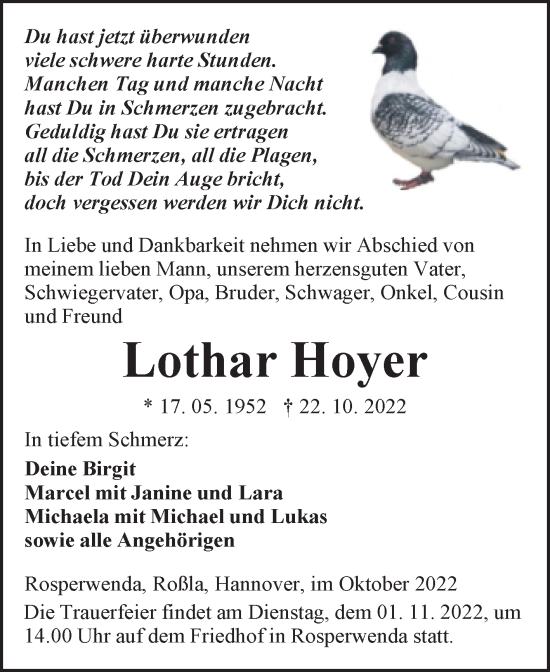 Traueranzeige von Lothar Hoyer von Trauerkombi Sangerhausen