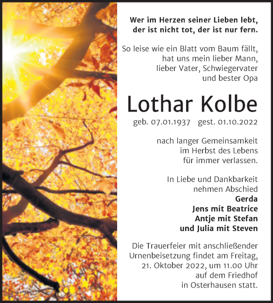 Traueranzeige von Lothar Kolbe von Trauerkombi Mansfelder Land