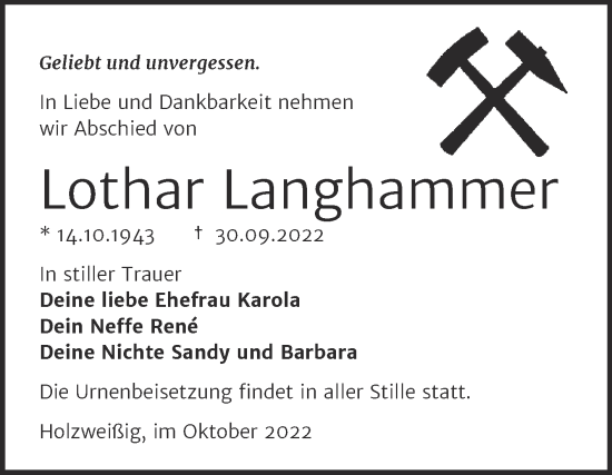 Traueranzeige von Lothar Langhammer von Trauerkombi Bitterfeld