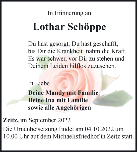 Traueranzeige von Lothar Schöppe von Trauerkombi Zeitz