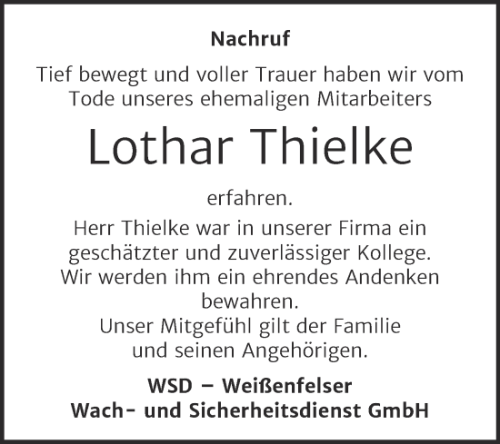 Traueranzeige von Lothar Thielke von Super Sonntag Zeitz