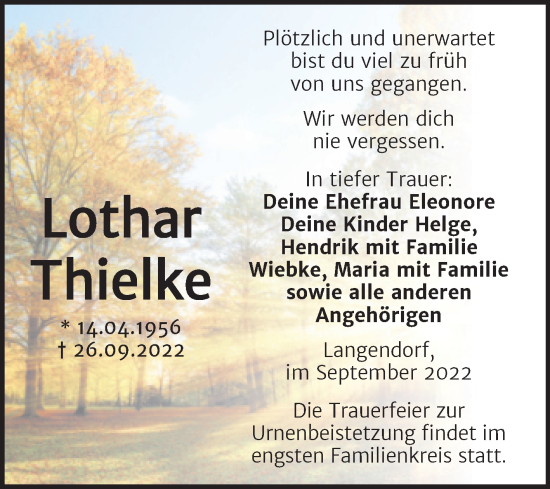 Traueranzeige von Lothar Thielke von Trauerkombi Zeitz