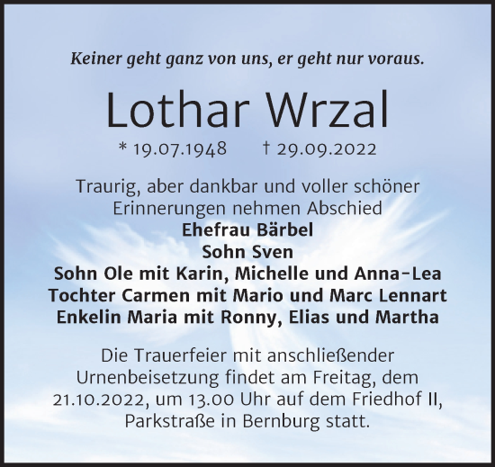Traueranzeige von Lothar Wrza von Trauerkombi Bernburg