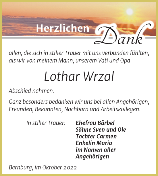 Traueranzeige von Lothar Wrzal von Trauerkombi Bernburg