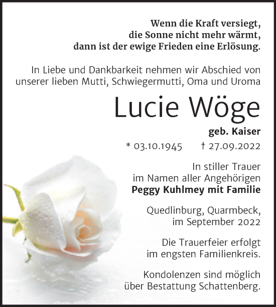 Traueranzeige von Lucie Wöge von Trauerkombi Quedlinburg