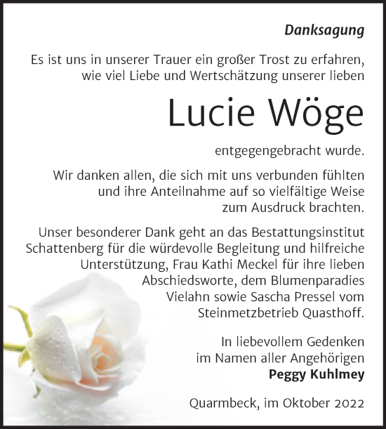 Traueranzeige von Lucie Wöge von Trauerkombi Quedlinburg
