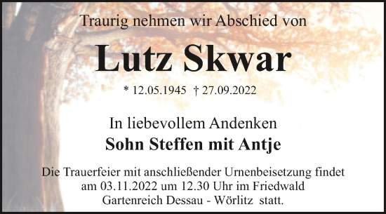 Traueranzeige von Lutz Skwar von Trauerkombi Dessau