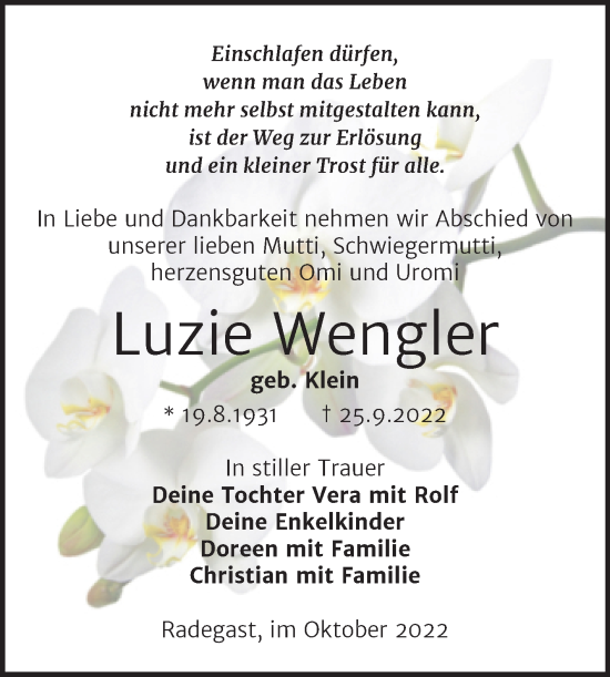 Traueranzeige von Luzie Wengler von Trauerkombi Köthen