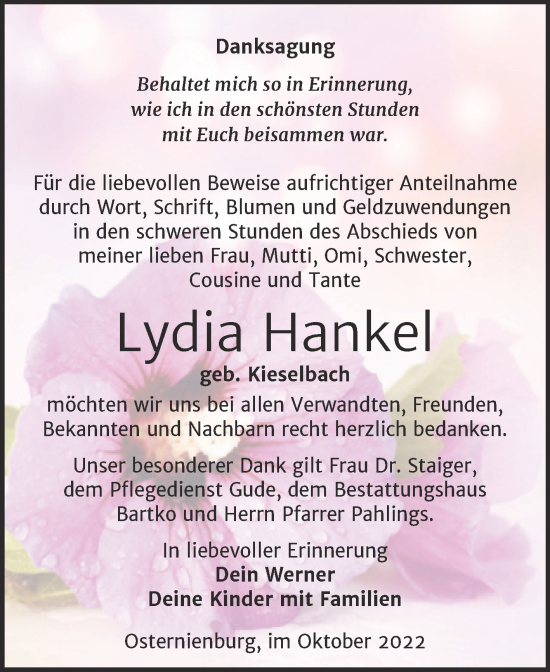 Traueranzeige von Lydia Hankel von Trauerkombi Köthen