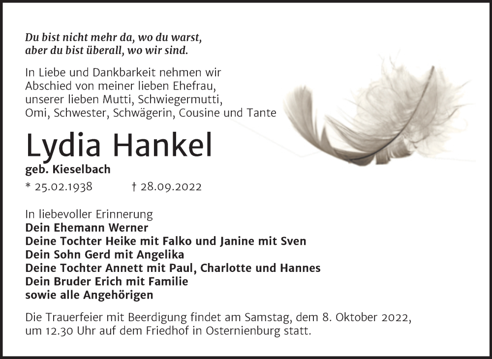  Traueranzeige für Lydia Hankel vom 05.10.2022 aus Trauerkombi Köthen