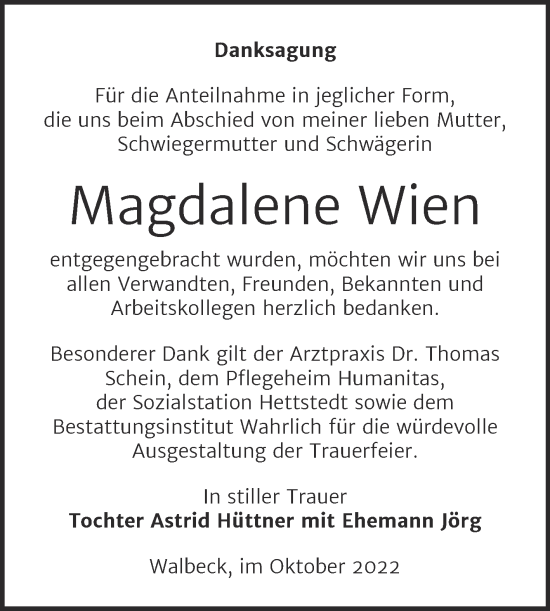Traueranzeige von Magdalene Wien von Trauerkombi Mansfelder Land