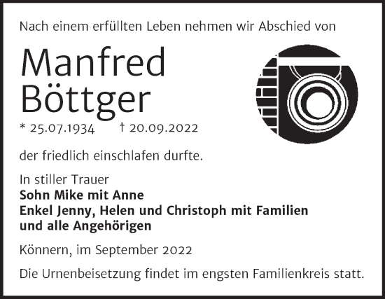 Traueranzeige von Manfred Böttger von Trauerkombi Bernburg
