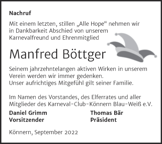 Traueranzeige von Manfred Böttger von Super Sonntag Bernburg