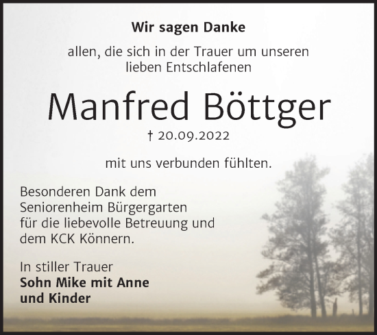 Traueranzeige von Manfred Böttger von Trauerkombi Bernburg