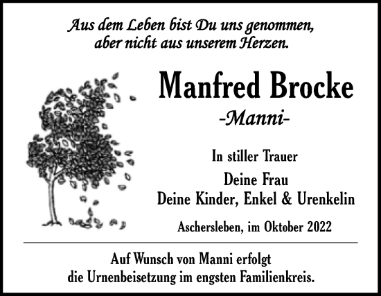 Traueranzeige von Manfred Brocke von Trauerkombi Aschersleben