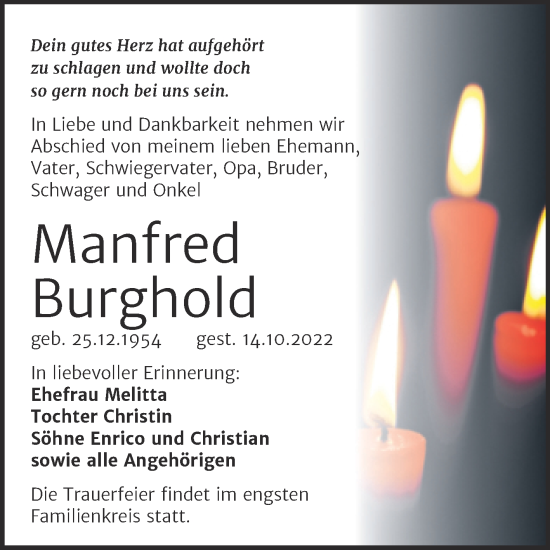 Traueranzeige von Manfred Burghold von Trauerkombi Mansfelder Land