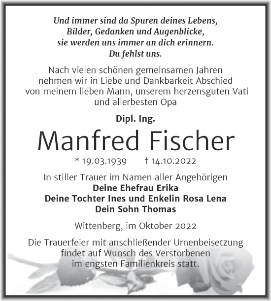 Traueranzeige von Manfred Fischer von Trauerkombi Wittenberg