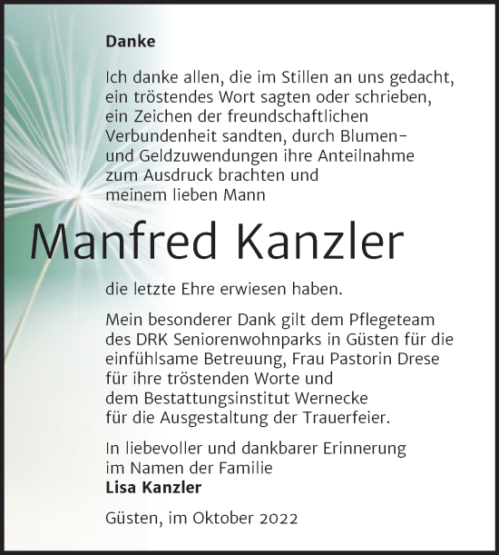Traueranzeige von Manfred Kanzler von Trauerkombi Aschersleben