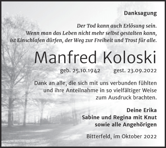 Traueranzeige von Manfred Koloski von Trauerkombi Bitterfeld