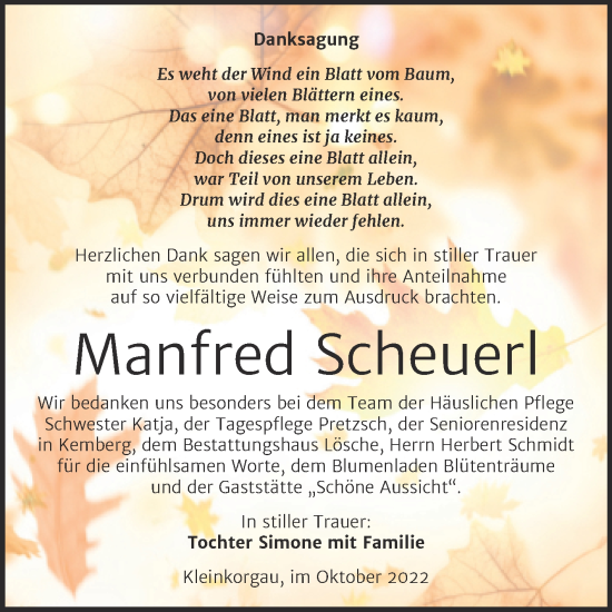 Traueranzeige von Manfred Scheuer von Trauerkombi Wittenberg