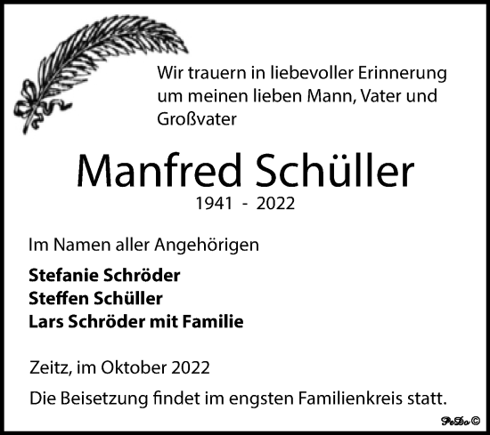 Traueranzeige von Manfred Schüller von Trauerkombi Zeitz
