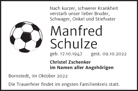 Traueranzeige von Manfred Schulze von Trauerkombi Mansfelder Land