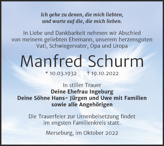 Traueranzeige von Manfred Schurm von Trauerkombi Merseburg