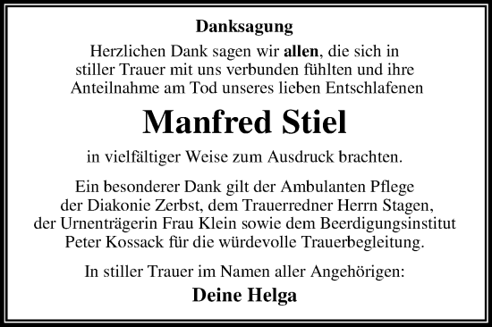 Traueranzeige von Manfred Stiel von Trauerkombi Dessau