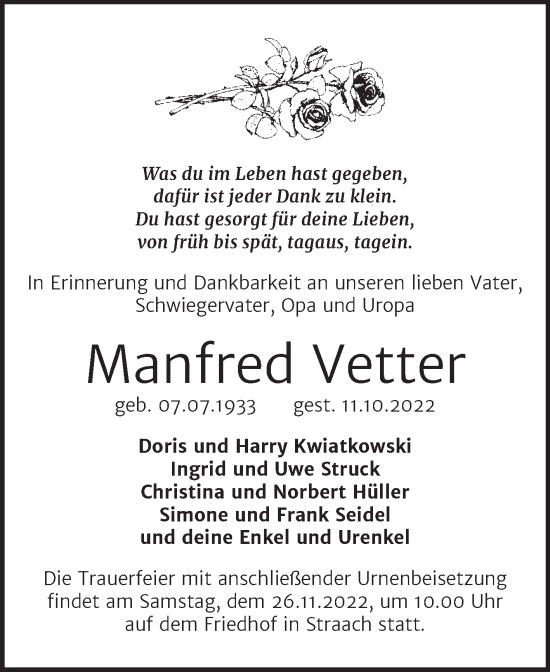 Traueranzeige von Manfred Vetter von Trauerkombi Wittenberg