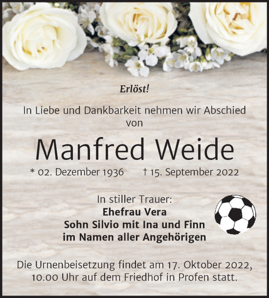 Traueranzeige von Manfred Weide von Trauerkombi Zeitz