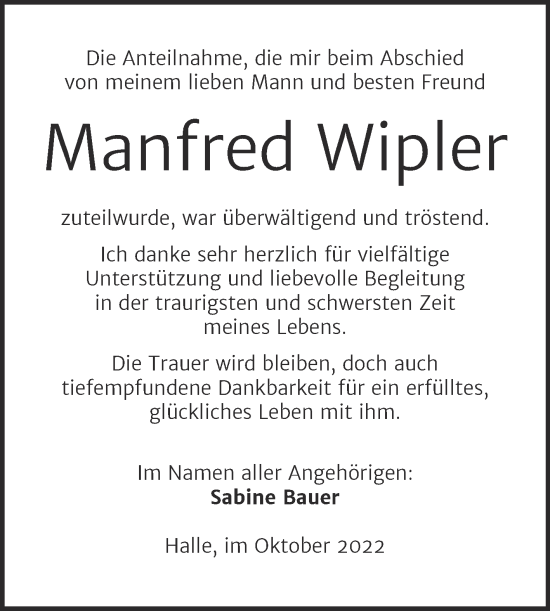 Traueranzeige von Manfred Wipler von Mitteldeutsche Zeitung Halle/Saalkreis