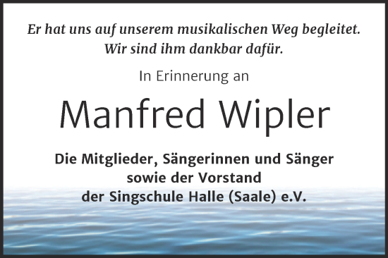 Traueranzeige von Manfred Wipler von Mitteldeutsche Zeitung Halle/Saalkreis