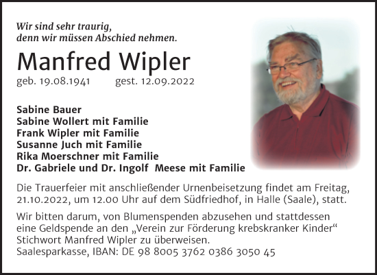 Traueranzeige von Manfred Wipler von Mitteldeutsche Zeitung Halle/Saalkreis