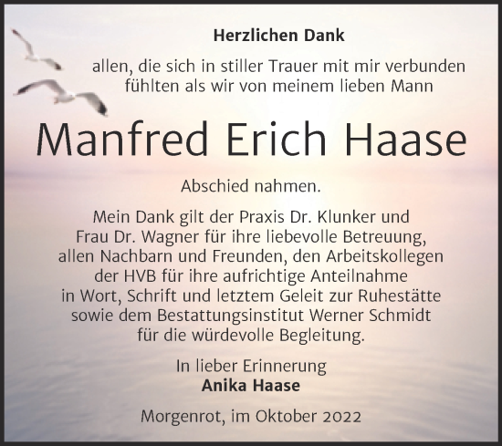 Traueranzeige von Manfred Erich Haase von Trauerkombi Quedlinburg