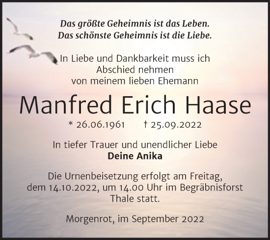 Traueranzeige von Manfred Erich Haase von Trauerkombi Quedlinburg
